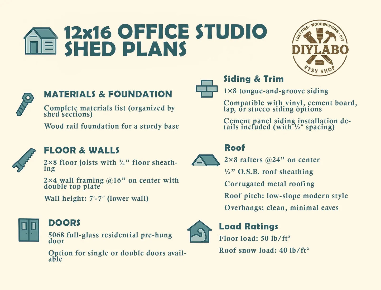 12x16 Modern Office Shed Plans | 12x16 Backyard Office Plans | Instant PDF Download