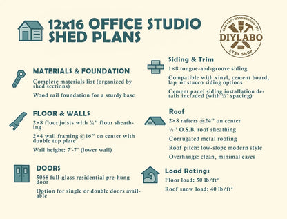 12x16 Modern Office Shed Plans | 12x16 Backyard Office Plans | Instant PDF Download