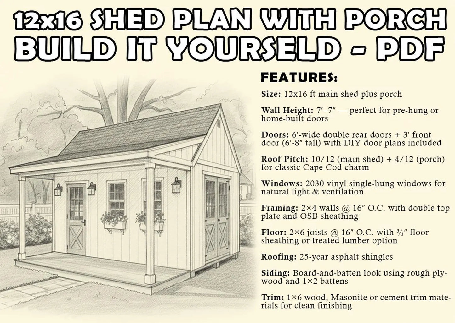 12x16 Shed with Porch – Instant PDF Download + Materials List
