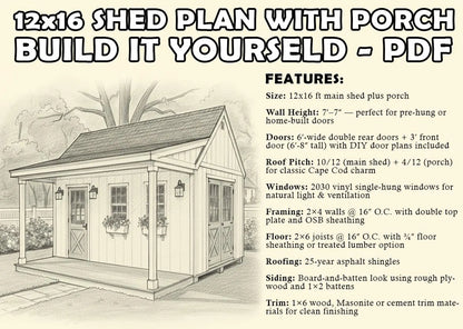 12x16 Shed with Porch – Instant PDF Download + Materials List