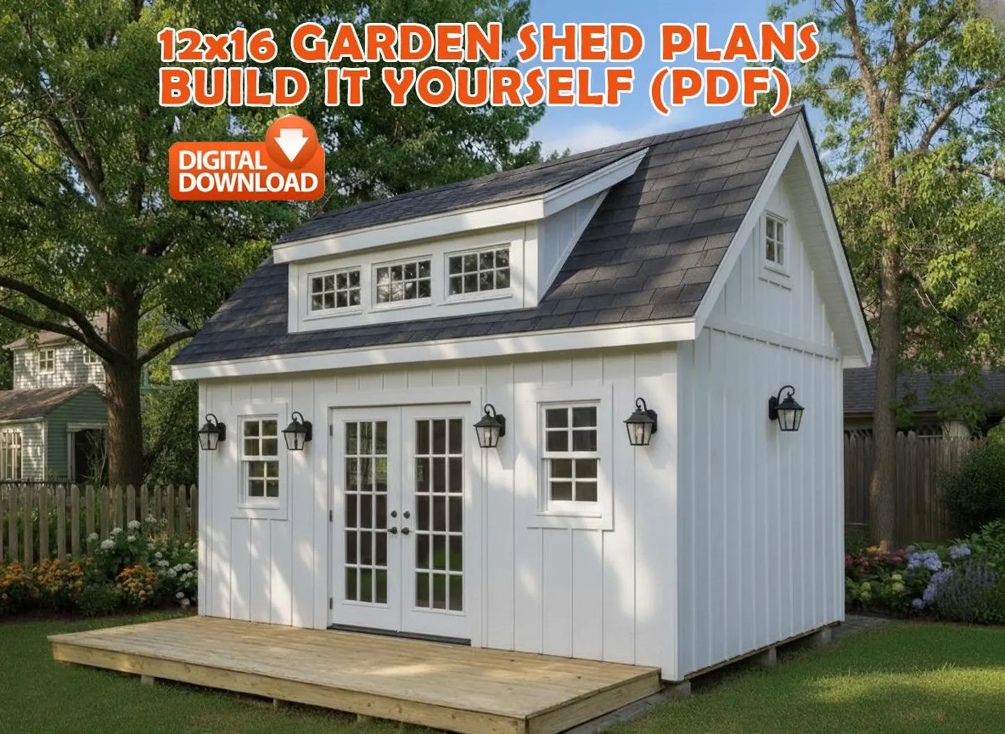12x16 Garden Shed Plans With Loft (PDF) – Workshop & Storage Shed with Double Doors, Blueprints with Materials List and 2 Door Options