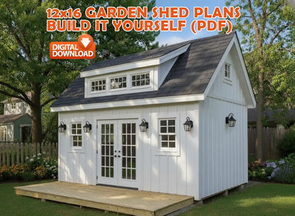 12x16 Garden Shed Plans With Loft (PDF) – Workshop & Storage Shed with Double Doors, Blueprints with Materials List and 2 Door Options