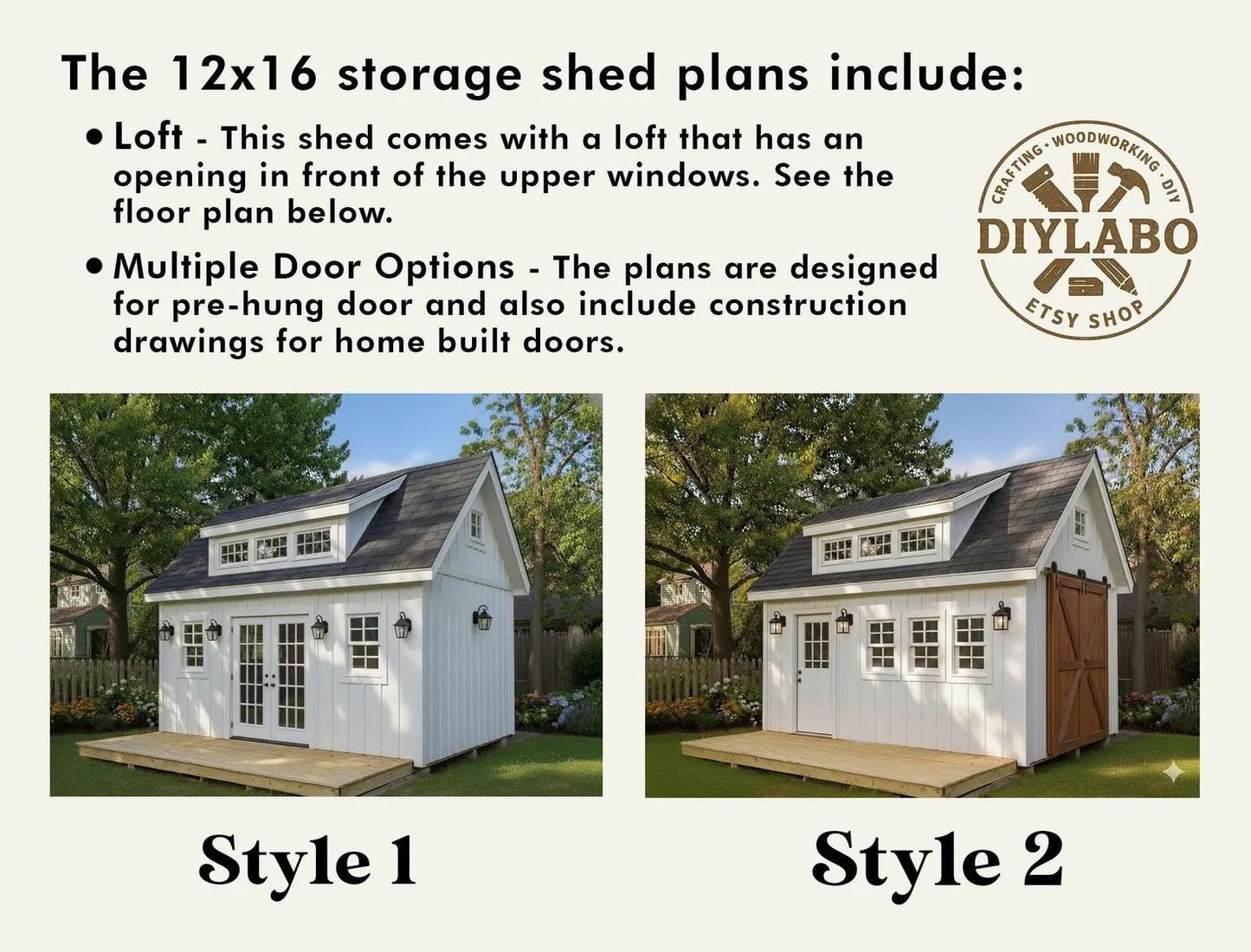 12x16 Garden Shed Plans With Loft (PDF) – Workshop & Storage Shed with Double Doors, Blueprints with Materials List and 2 Door Options