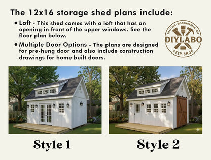 12x16 Garden Shed Plans With Loft (PDF) – Workshop & Storage Shed with Double Doors, Blueprints with Materials List and 2 Door Options