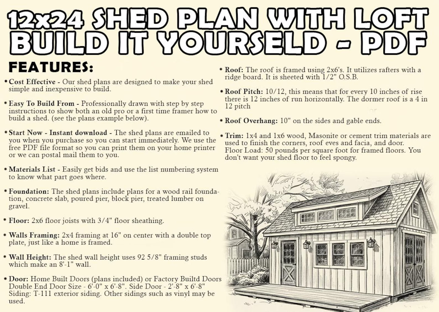 12x24 Garden Shed Plans With Loft (PDF)