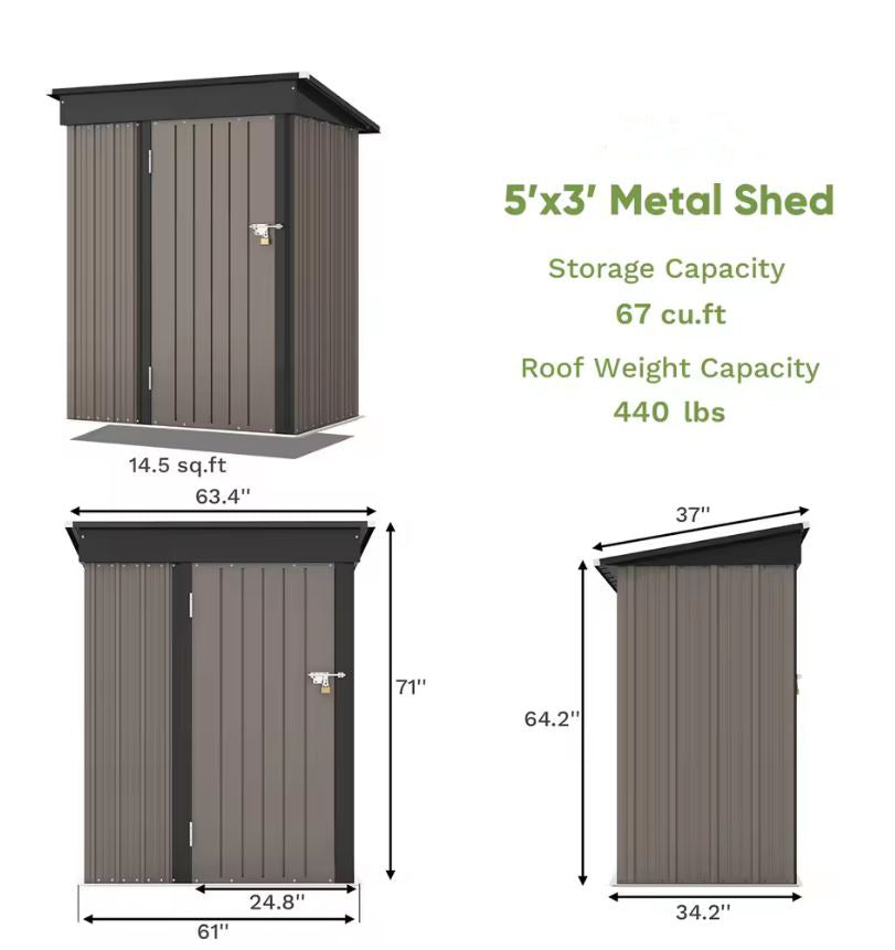 5x3 Metal Outdoor Storage Shed with Lockable Door and Base Frame