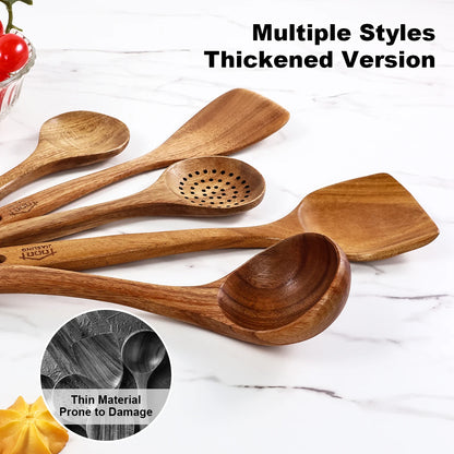 Wooden Kitchen Utensils Kit Ergonomic Handles Natural Wooden Spoons Spurtle Ladle and Wok Spatulas Cookware Accessories