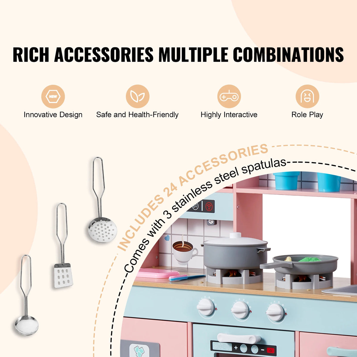 Kids Pretend Play Kitchen Set with Lights & Sounds – Wooden Chef Playset