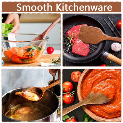 Wooden Kitchen Utensils Kit Ergonomic Handles Natural Wooden Spoons Spurtle Ladle and Wok Spatulas Cookware Accessories