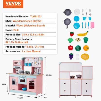 Kids Pretend Play Kitchen Set with Lights & Sounds – Wooden Chef Playset