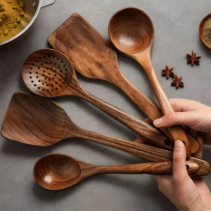 Wooden Kitchen Utensils Kit Ergonomic Handles Natural Wooden Spoons Spurtle Ladle and Wok Spatulas Cookware Accessories