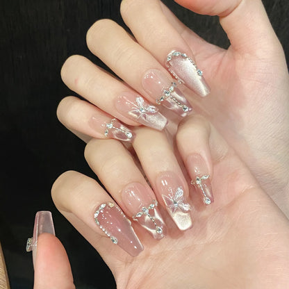 Handmade Press on Nails Pink Butterfly Design