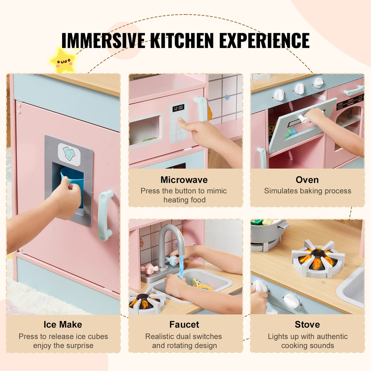 Kids Pretend Play Kitchen Set with Lights & Sounds – Wooden Chef Playset