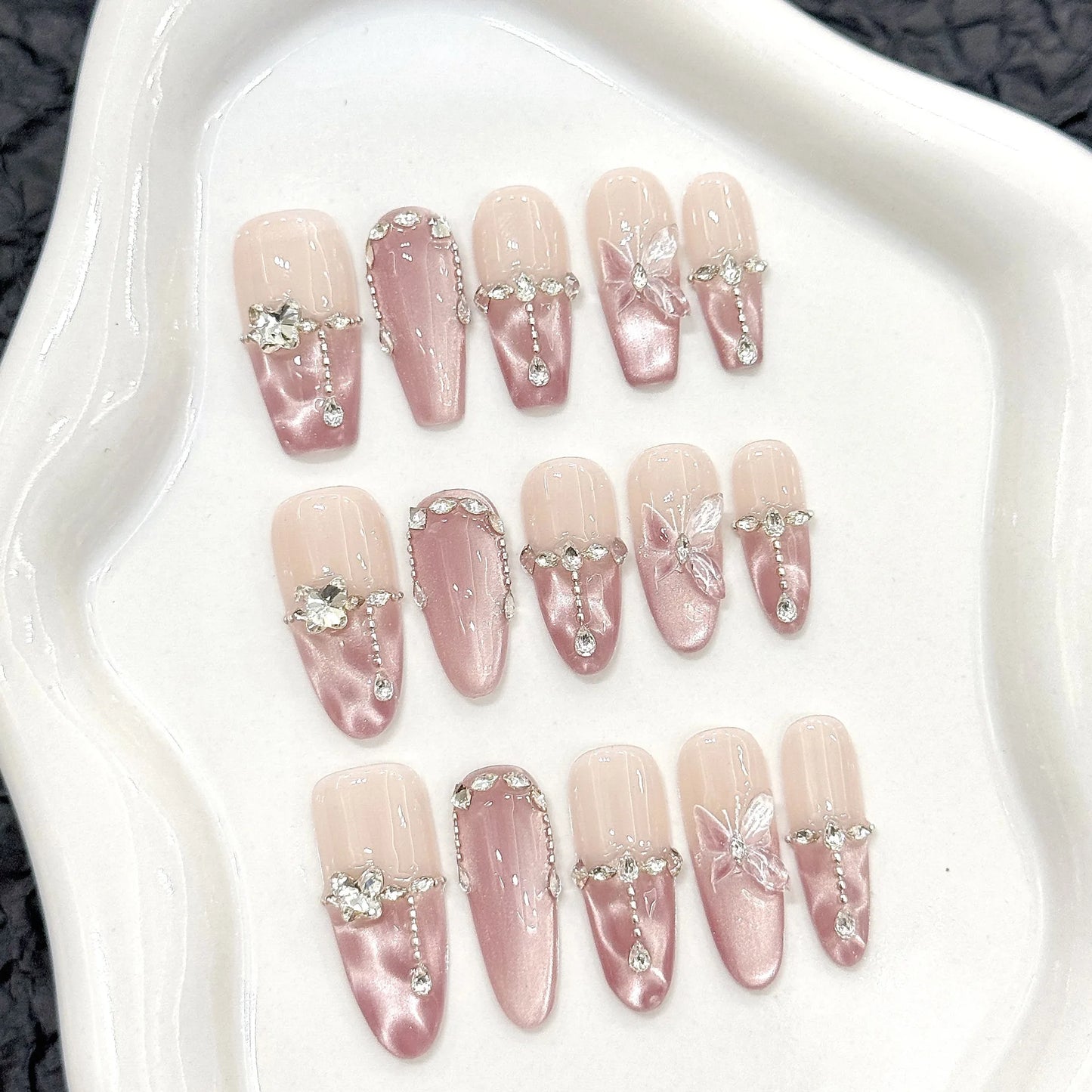 Handmade Press on Nails Pink Butterfly Design