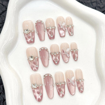 Handmade Press on Nails Pink Butterfly Design