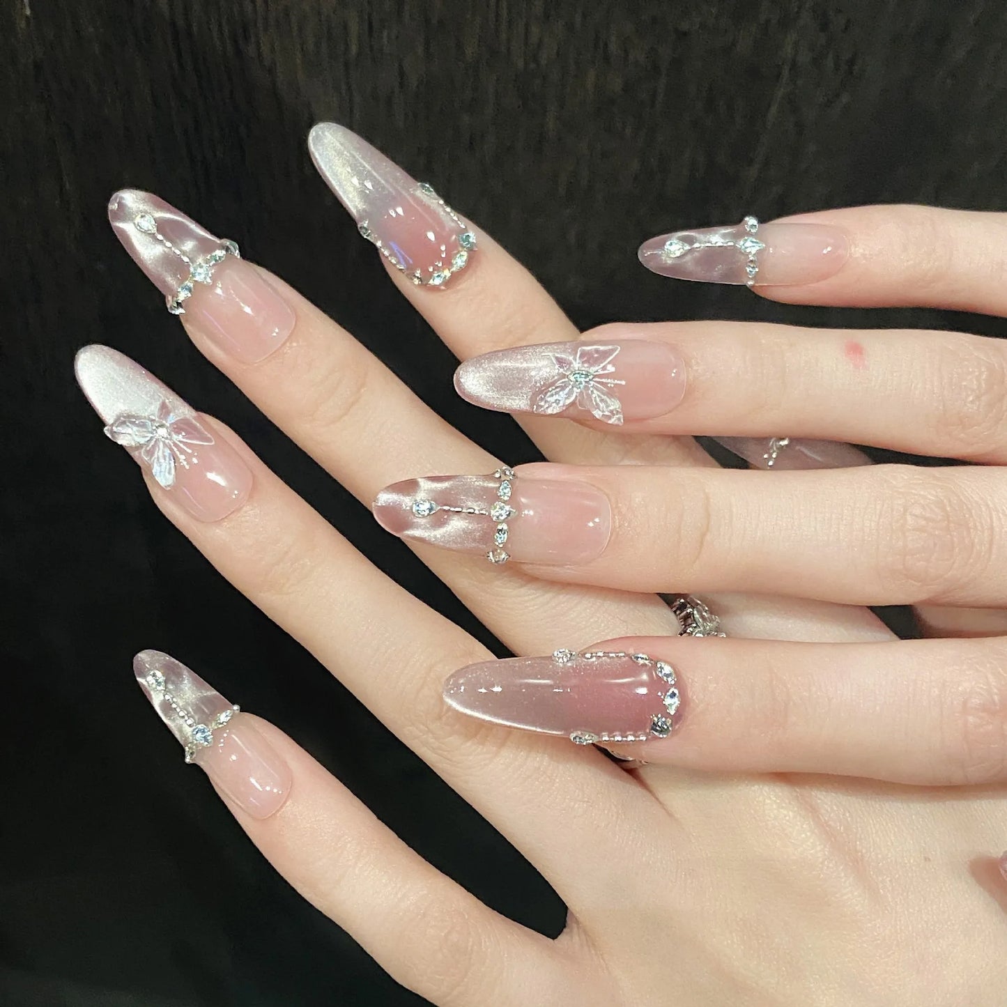 Handmade Press on Nails Pink Butterfly Design